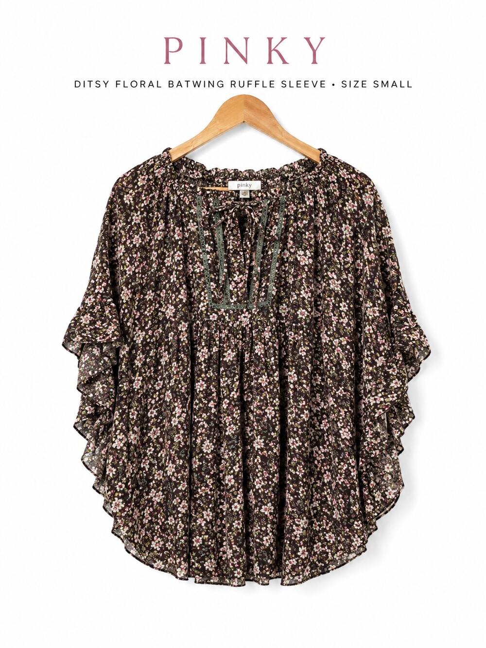 Pinky Ditsy Floral Peasant Blouse Batwing Ruffle Sleeve Small